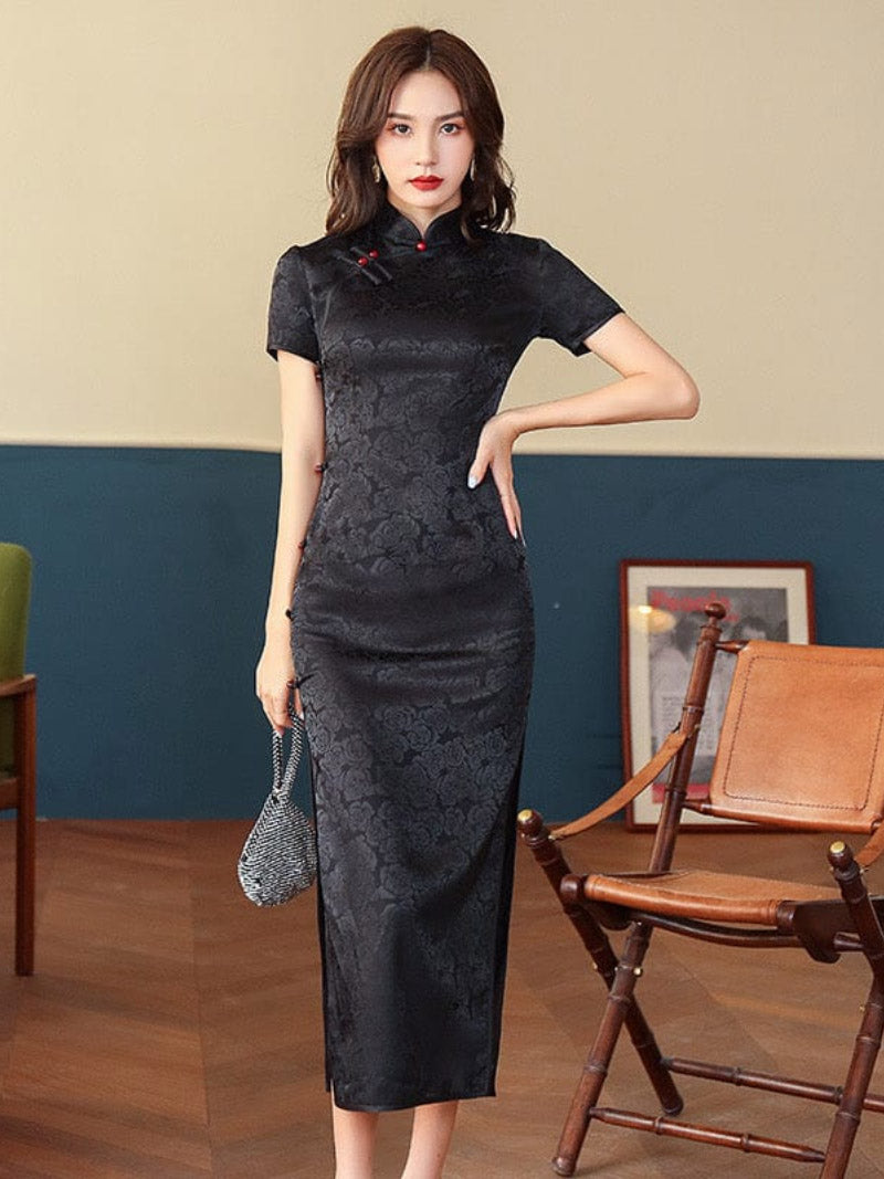 Aslinhanfu qipao - GR Rose pattern, Jacquard satin long Qipao/Cheongsam dress, retro dress