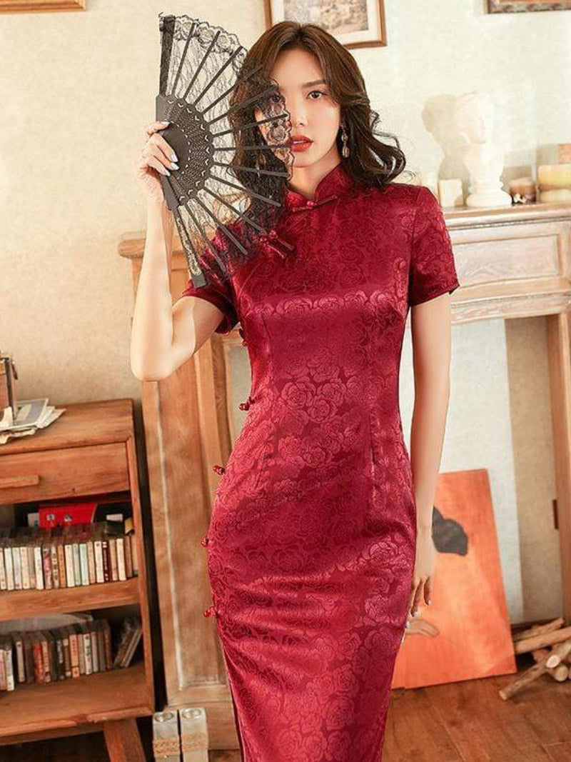 Aslinhanfu qipao - GR Rose pattern, Jacquard satin long Qipao/Cheongsam dress, retro dress