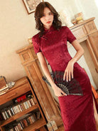 Aslinhanfu qipao - GR Rose pattern, Jacquard satin long Qipao/Cheongsam dress, retro dress