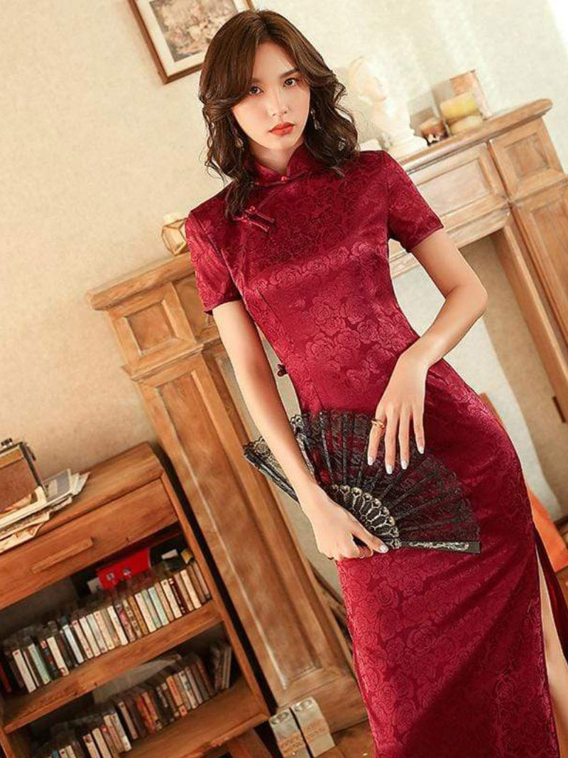 Aslinhanfu qipao - GR Rose pattern, Jacquard satin long Qipao/Cheongsam dress, retro dress