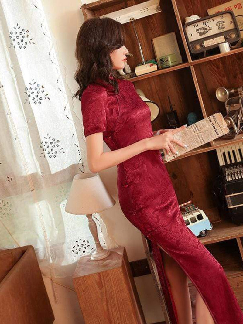 Aslinhanfu qipao - GR Rose pattern, Jacquard satin long Qipao/Cheongsam dress, retro dress