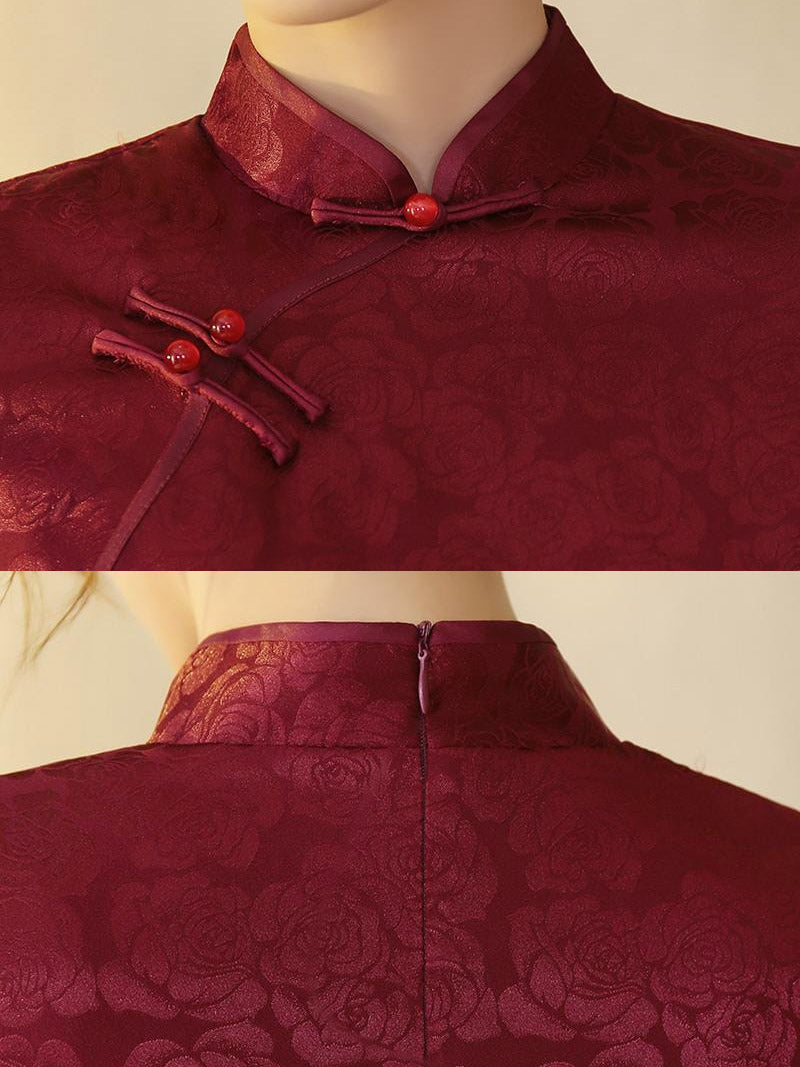 Aslinhanfu qipao - GR Rose pattern, Jacquard satin long Qipao/Cheongsam dress, retro dress