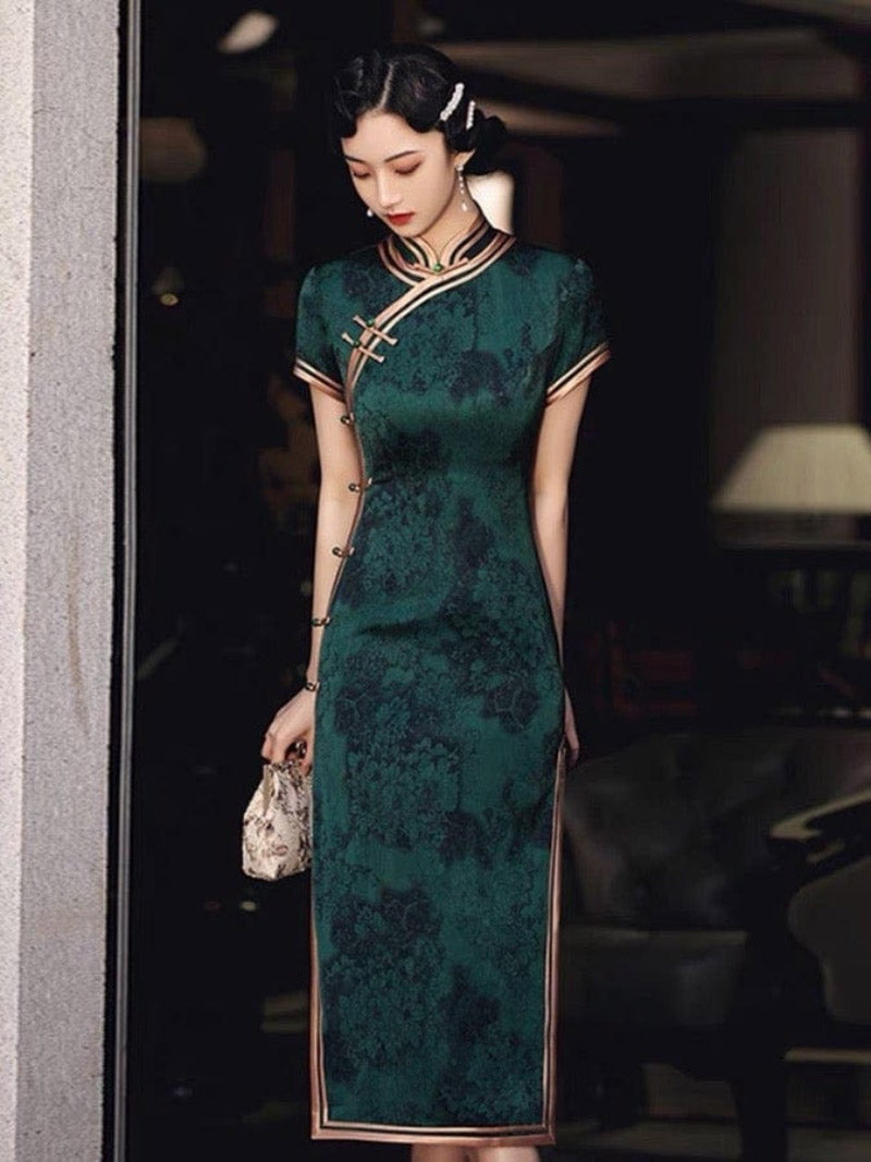 Aslinhanfu Qipao - GSJ Floral pattern, acetate fabric long Qipao