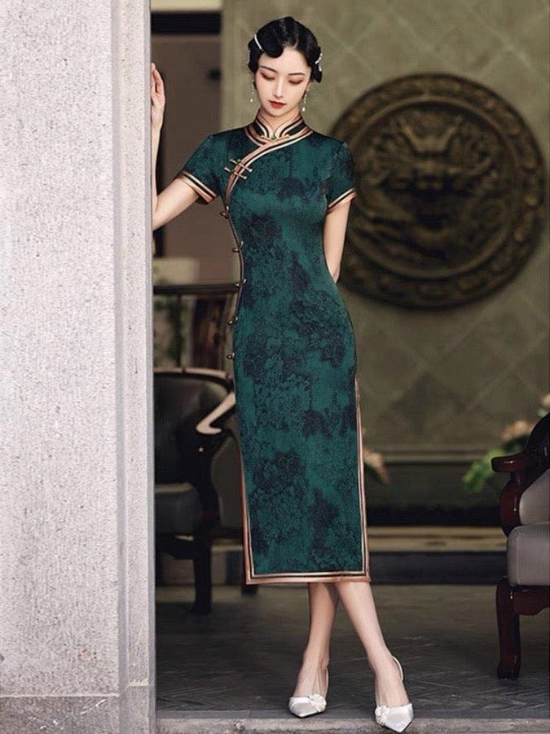 Aslinhanfu Qipao - GSJ Floral pattern, acetate fabric long Qipao