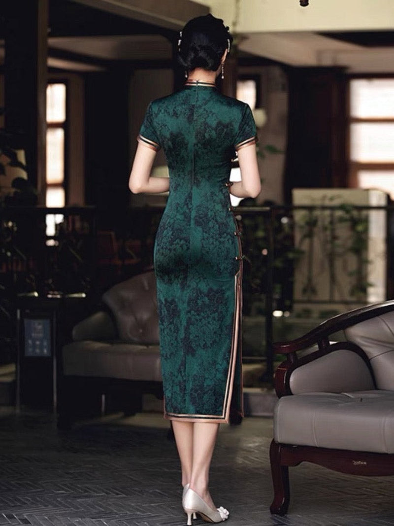 Aslinhanfu Qipao - GSJ Floral pattern, acetate fabric long Qipao