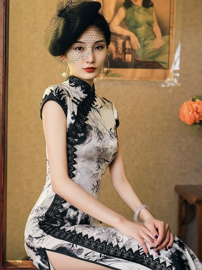 Natural silk, Chinese ink painting, High-end long Qipao