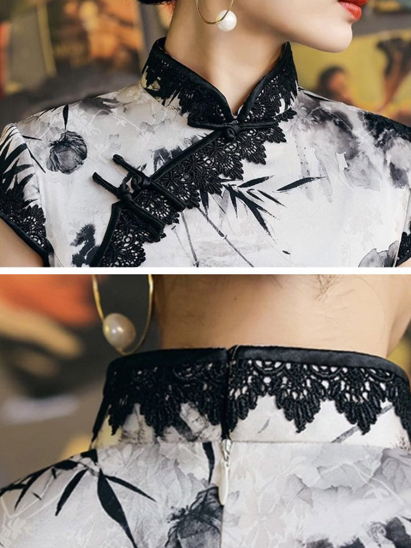 Natural silk, Chinese ink painting, High-end long Qipao