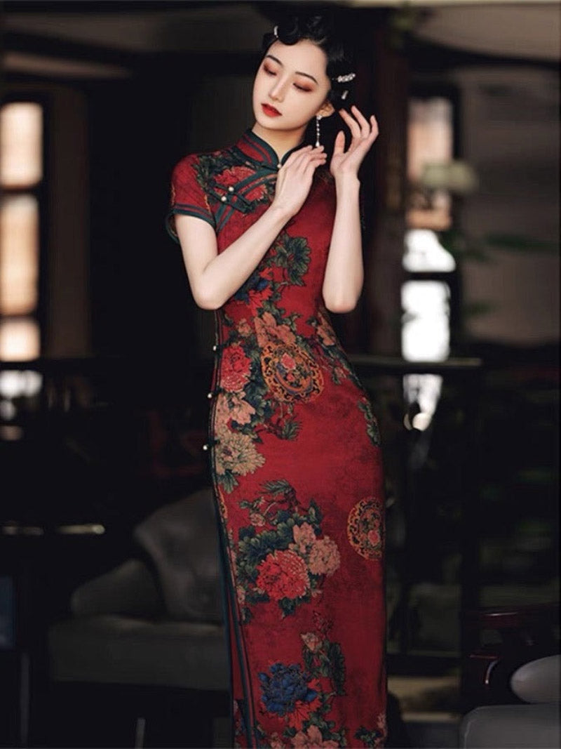 Aslinhanfu Qipao- GSJ Classic Chinese style, floral pattern, silk long Qipao