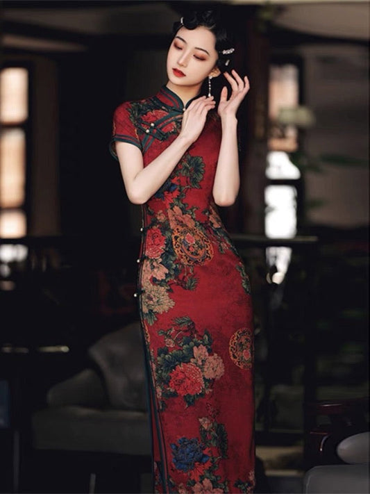 Aslinhanfu Qipao- GSJ Classic Chinese style, floral pattern, silk long Qipao
