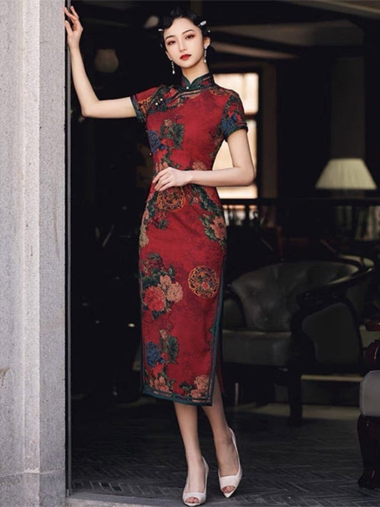 Aslinhanfu Qipao- GSJ Classic Chinese style, floral pattern, silk long Qipao