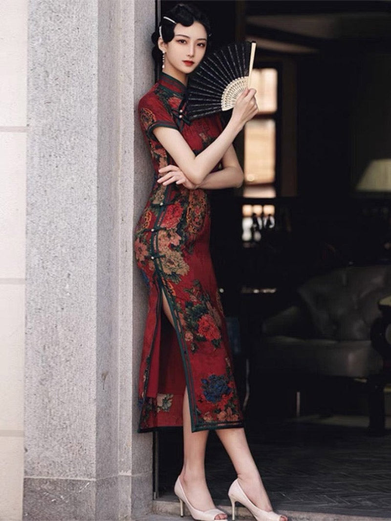 Aslinhanfu Qipao- GSJ Classic Chinese style, floral pattern, silk long Qipao