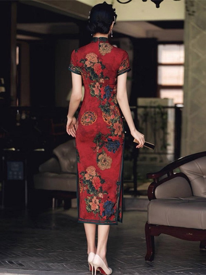 Aslinhanfu Qipao- GSJ Classic Chinese style, floral pattern, silk long Qipao