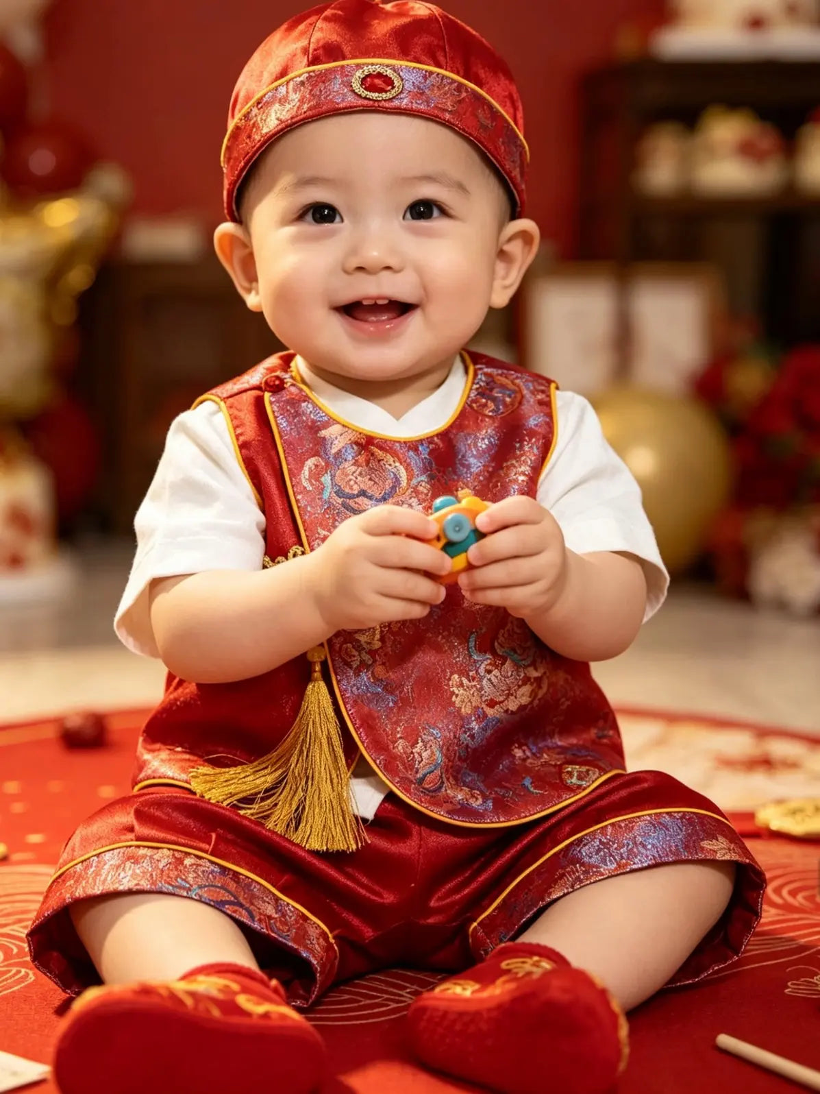 Baby Boy Red Traditional Chinese Tang Qilin Vest Suit Set with Hat