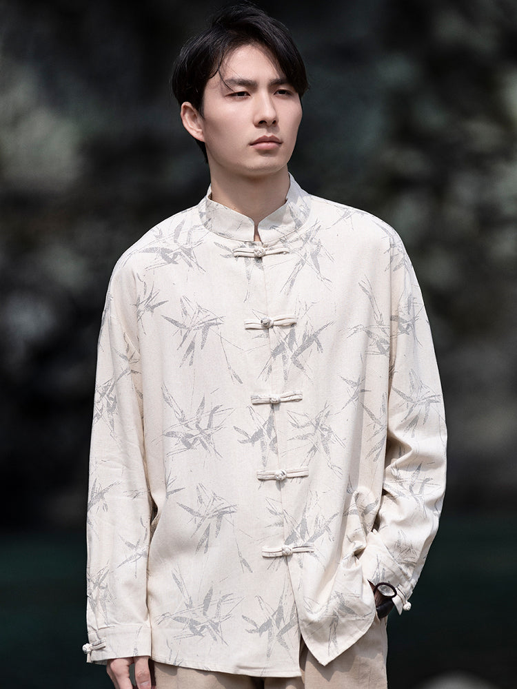 Bamboo Print Men’s Linen Shirts Chinese Style Top