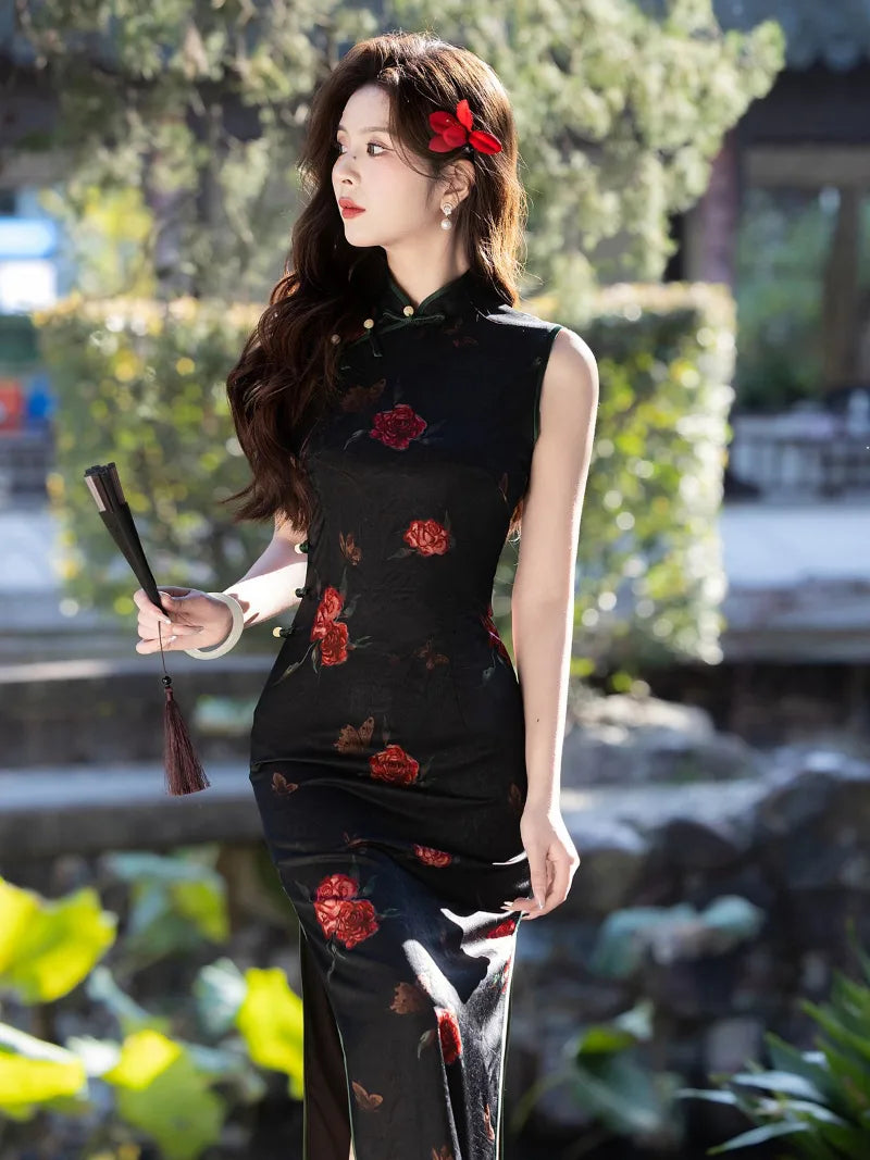 Black Cheongsam Dress 2026 summer slim fit design with soft breathable milk silk