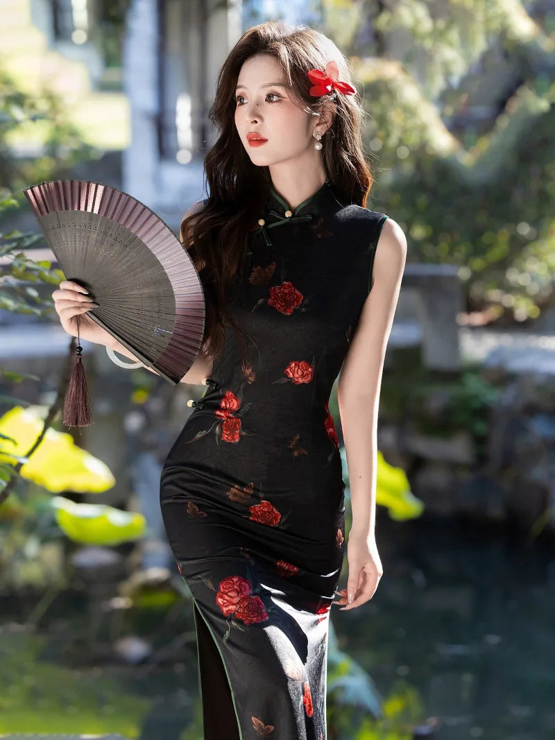 Black Cheongsam Dress 2026 summer slim fit design with soft breathable milk silk