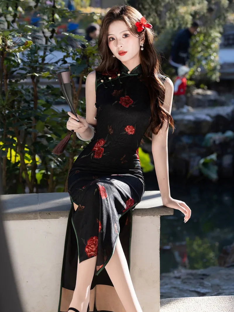 Black Cheongsam Dress 2026 summer slim fit design with soft breathable milk silk