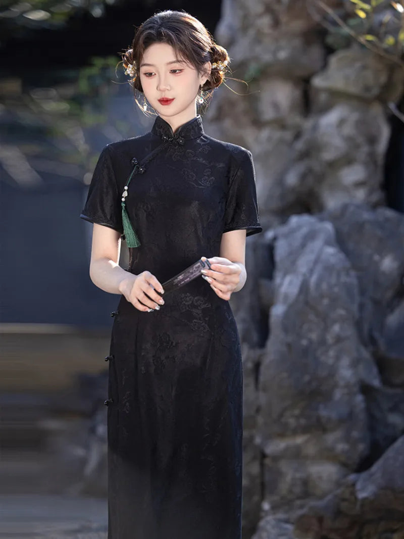 Black Qipao Dress – Slim Fit Modern Chinese Dress – Aslin Hanfu