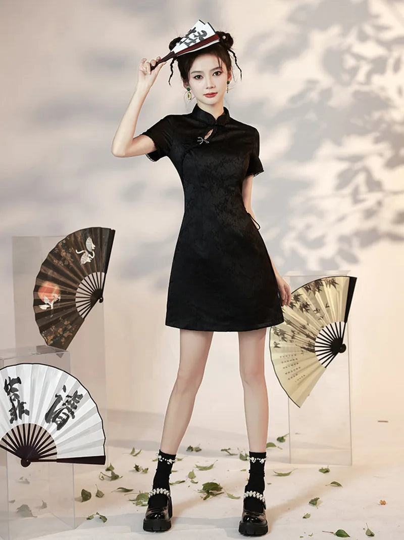 Black Short Cheongsam with mandarin collar and modern cropped waist design