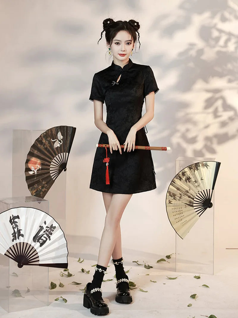 Black Short Cheongsam with mandarin collar and modern cropped waist design