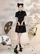 Black Short Cheongsam with mandarin collar and modern cropped waist design