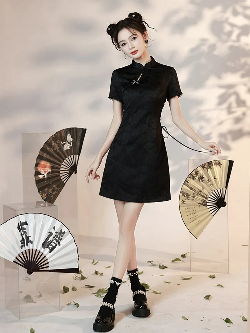 Black Short Cheongsam with mandarin collar and modern cropped waist design