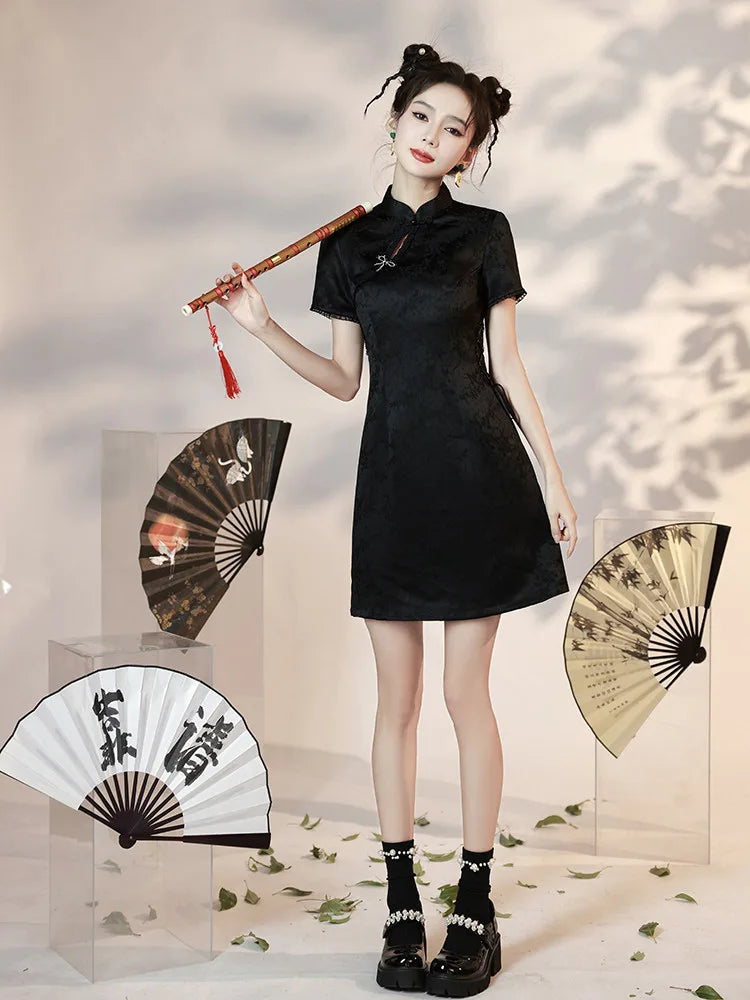 Black Short Cheongsam with mandarin collar and modern cropped waist design