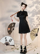 Black Short Cheongsam with mandarin collar and modern cropped waist design