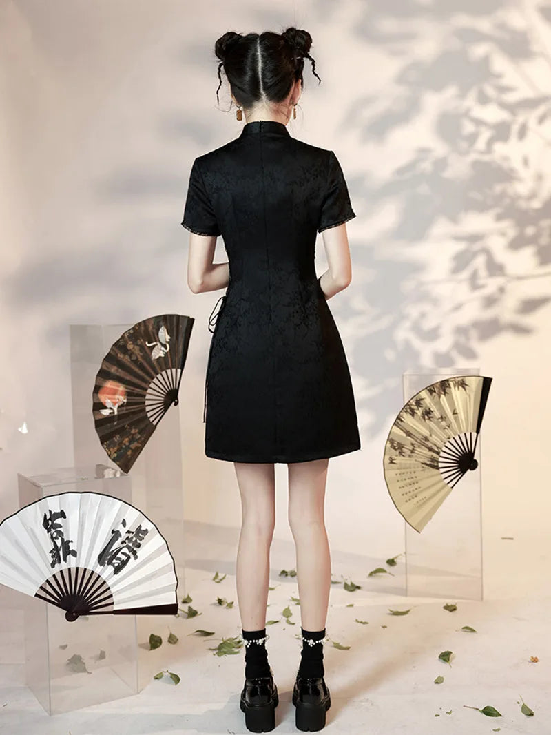 Black Short Cheongsam with mandarin collar and modern cropped waist design