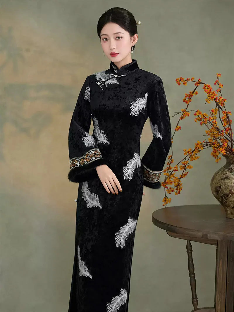 Black velvet cheongsam with silver feather embroidery and soft plush cuffs