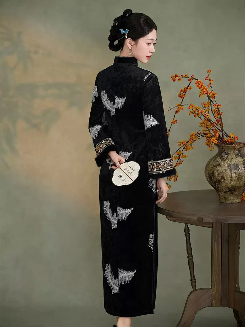 Black velvet cheongsam with silver feather embroidery and soft plush cuffs