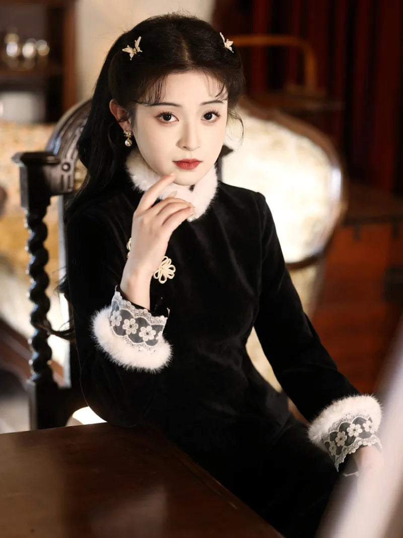 Modern black winter qipao featuring fleece lining and a sleek, flattering silhouette