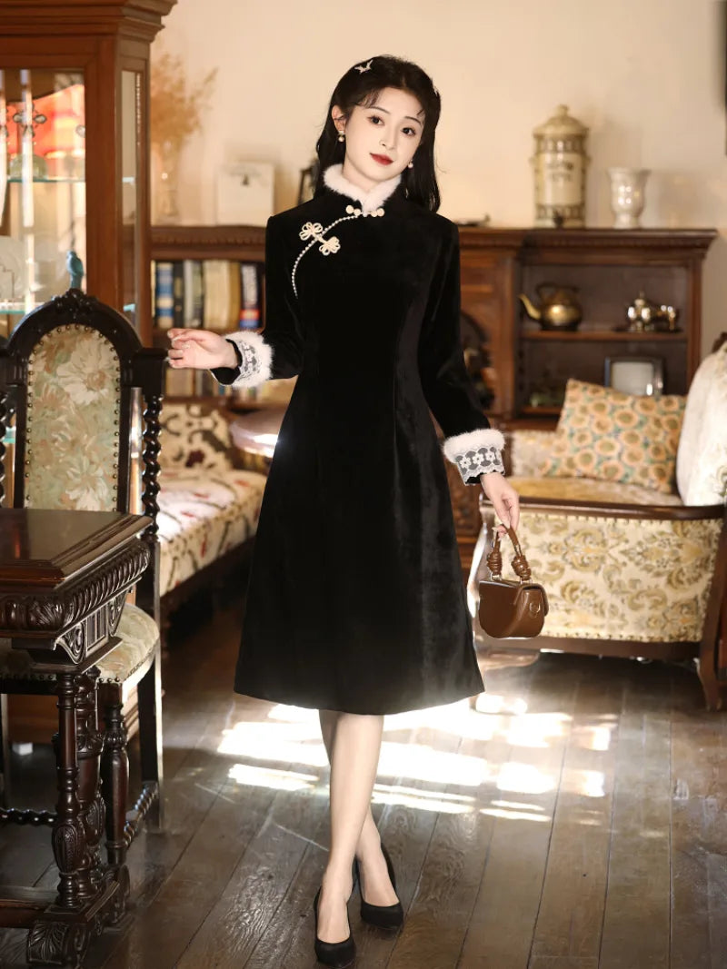 Modern black winter qipao featuring fleece lining and a sleek, flattering silhouette