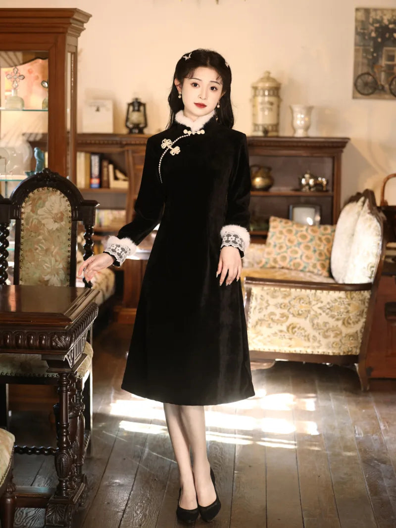 Modern black winter qipao featuring fleece lining and a sleek, flattering silhouette