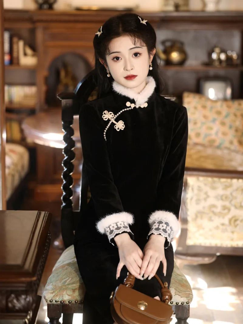 Modern black winter qipao featuring fleece lining and a sleek, flattering silhouette