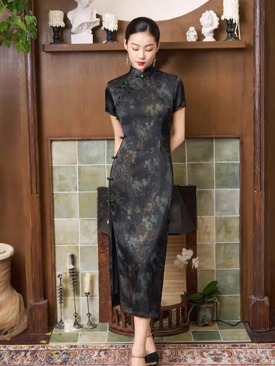 Black & Deep Emeral Jacquard Satin Long Qipao With Green Buttons