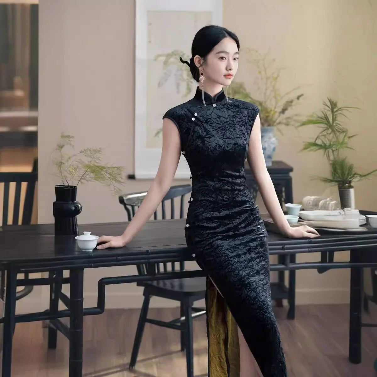 Black Floral Velvet Qipao Cheongsam Dress