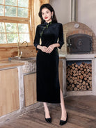 Black Long Sleeves Qipao Dress with Green Embroidery