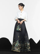 Black Ming Dynasty Style Landscape Embroidered MaMian Skirt and Shirt