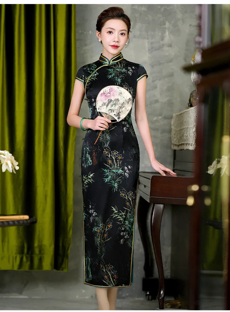 Black Silk Qipao with Bamboo & Orchid Print