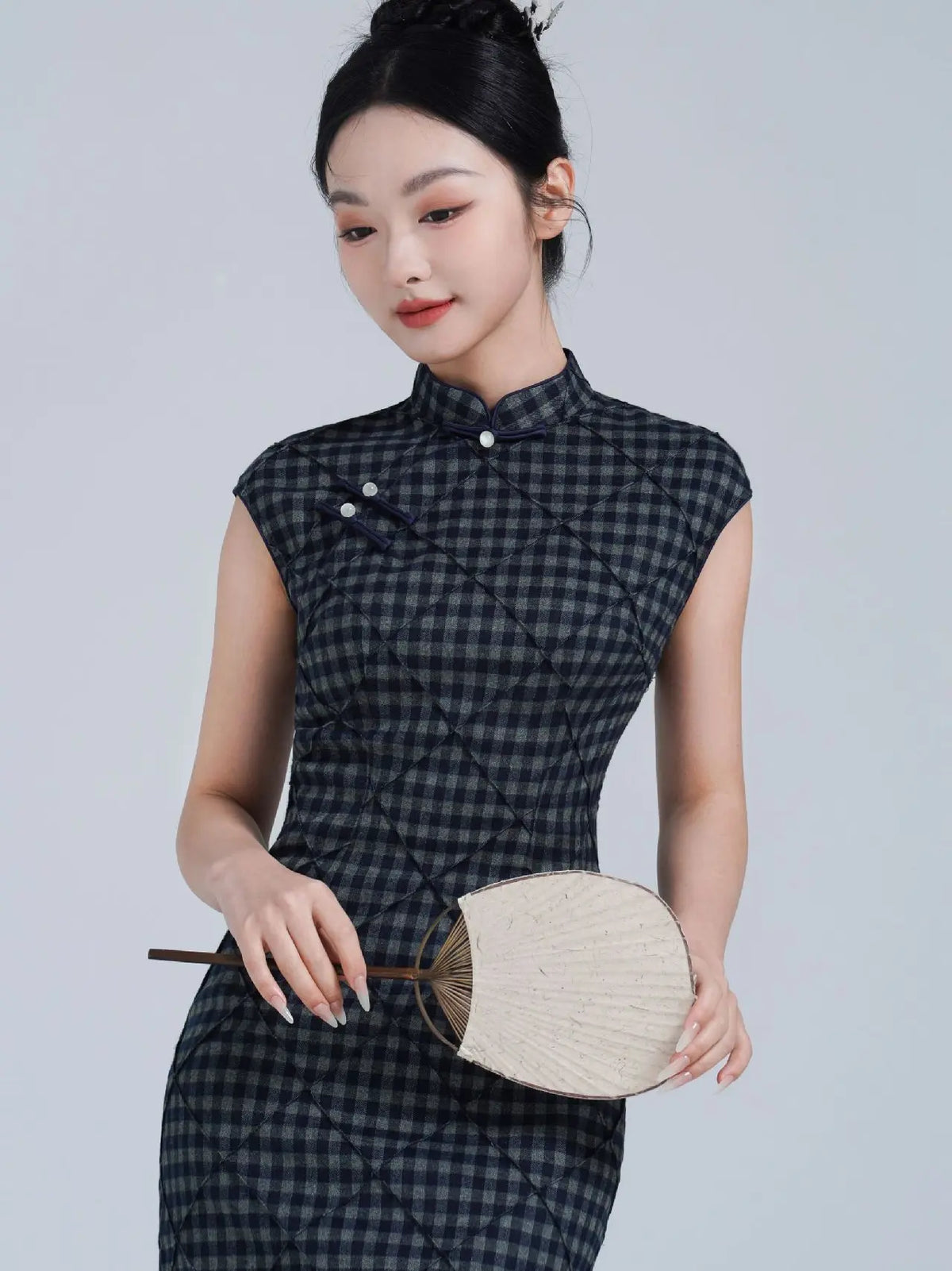 Black Vintage Plaid Modern Cap Sleeve Qipao Dress