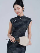 Black Vintage Plaid Modern Cap Sleeve Qipao Dress