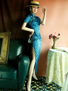 Blue Cheongsam dress with vintage Shanghai style, slim fit design and elegant side slit