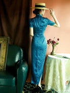 Blue Cheongsam dress with vintage Shanghai style, slim fit design and elegant side slit