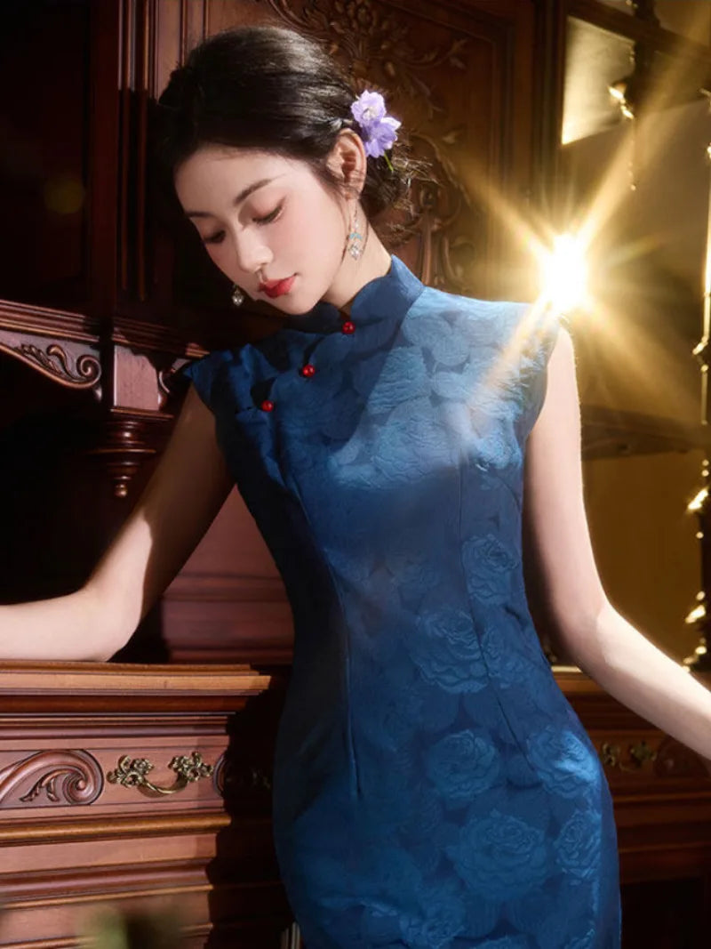 Blue Cheongsam Dress inspired by classic Republic-era Chinese fashion