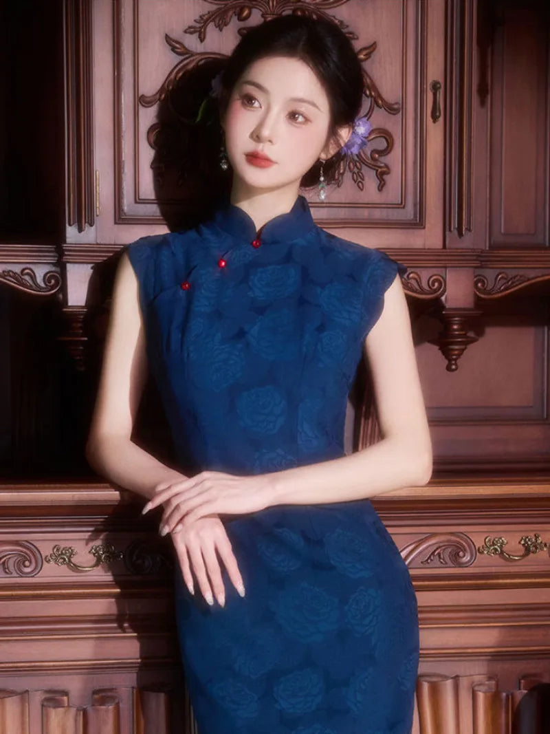 Blue Cheongsam Dress – Elegant Vintage Style Qipao for Women