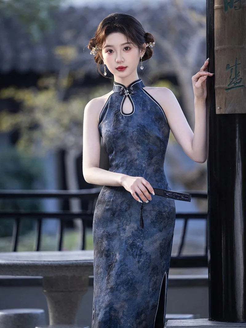 Blue Qipao Dress with halter neck and slim fit design, elegant Chinese style summer cheongsam