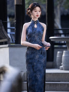 Blue Qipao Dress with halter neck and slim fit design, elegant Chinese style summer cheongsam