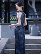 Blue Qipao Dress with halter neck and slim fit design, elegant Chinese style summer cheongsam