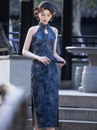 Blue Qipao Dress with halter neck and slim fit design, elegant Chinese style summer cheongsam